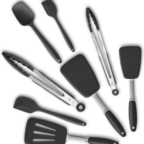 Silicone Spatula Set With Tongs, Heat Resistant, Steel Core, Non-Stick Safe, Dishwasher Safe